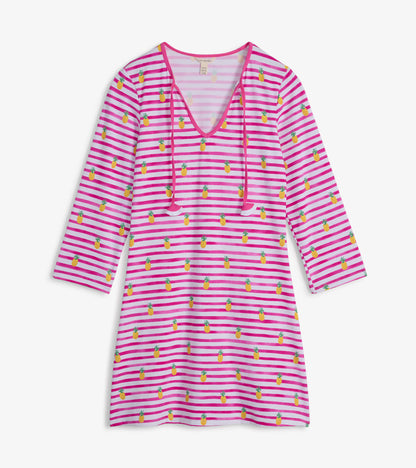 Pink and white striped beach dress with pineapple pattern and a V-neckline, featuring three-quarter sleeves.
