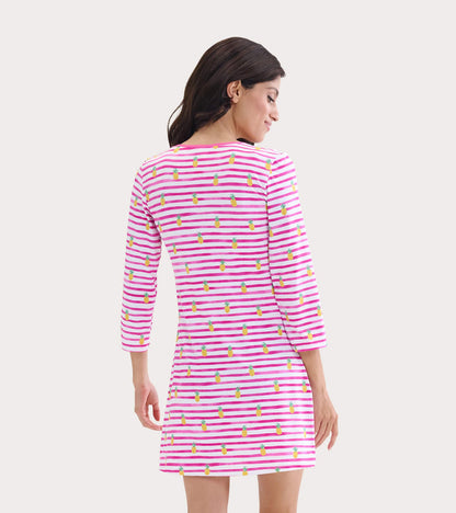 Pink and white striped beach dress with pineapple pattern, featuring three-quarter sleeves and a relaxed fit.