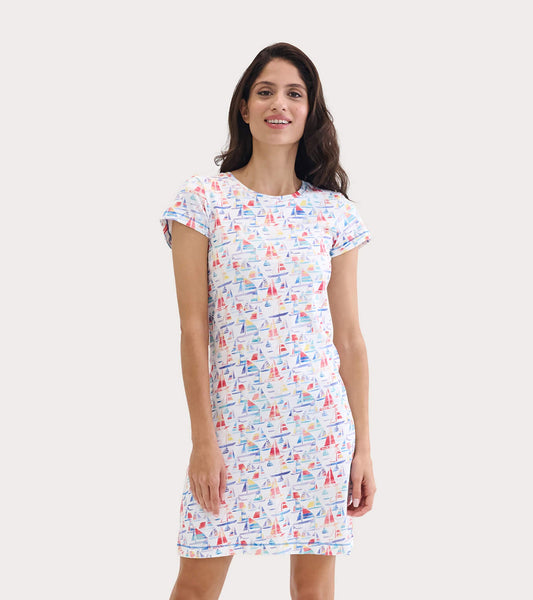 Women's Sailboat Print Crew Neck T-Shirt Dress