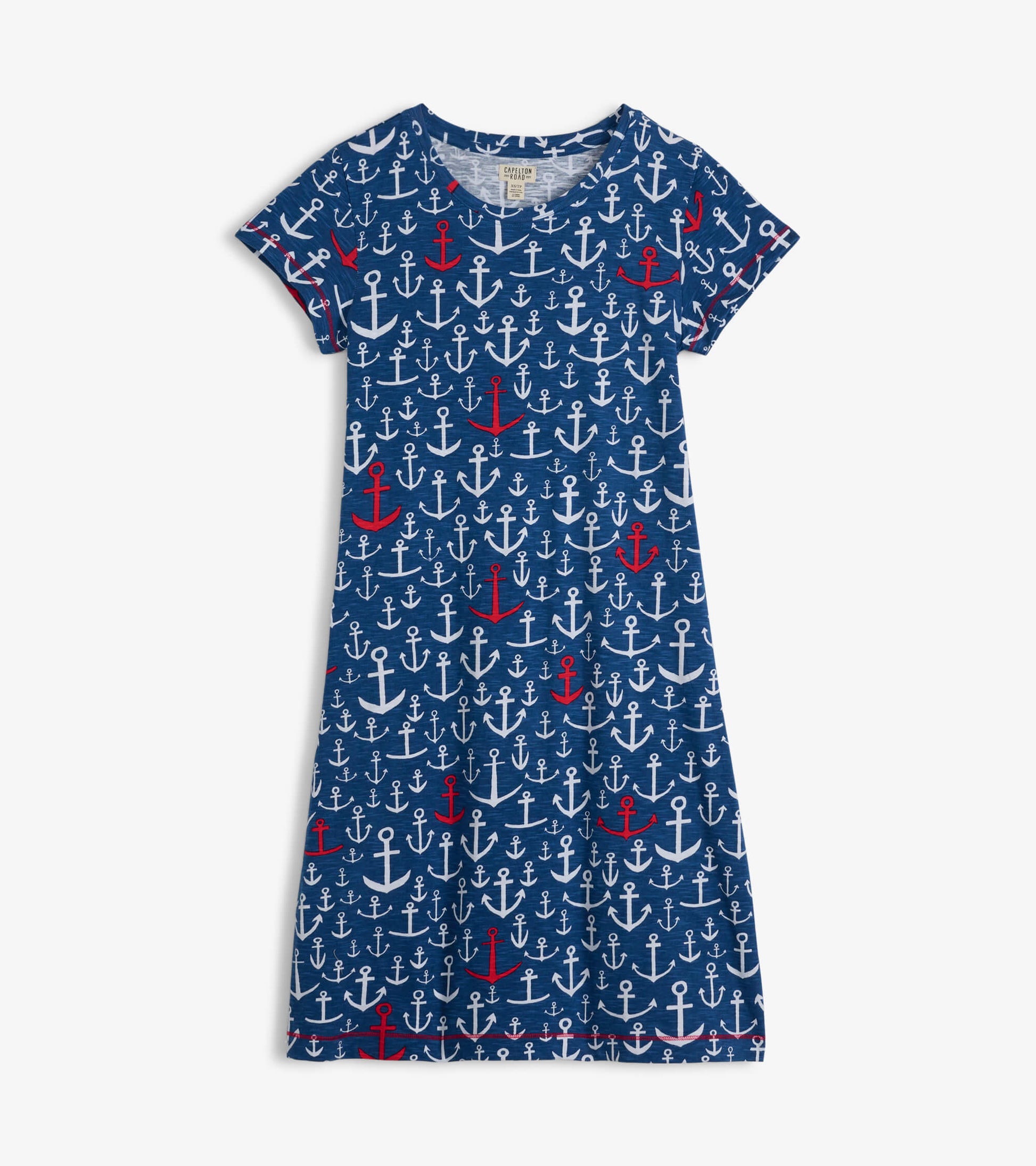 Navy crew neck t-shirt dress featuring a playful anchor pattern in red and white, suitable for casual wear.