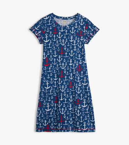 Navy crew neck t-shirt dress featuring a playful anchor pattern in red and white, suitable for casual wear.