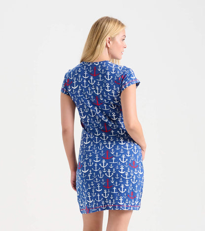 Blue crew neck t-shirt dress featuring a white and red anchor pattern, short sleeves, and a relaxed fit.