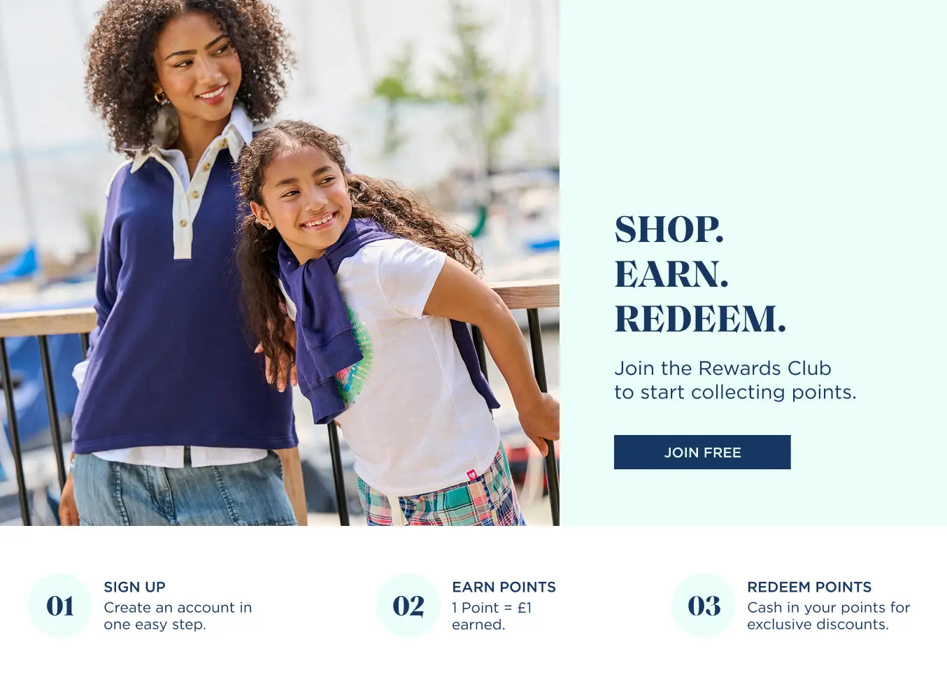 Promotes the Rewards Club and points-based shopping benefits. With "Shop." text.