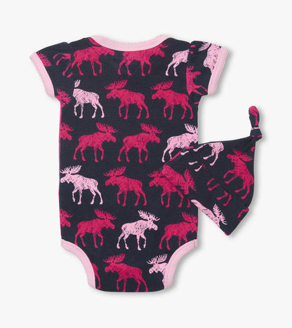 Raspberry Moose Baby Bodysuit & Hat