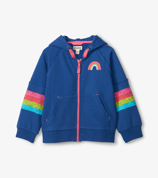 Blue hoodie with a rainbow design on the chest and colorful striped sleeves, featuring a front zipper and pockets.
