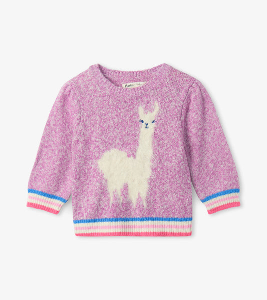 Pink sweater with a white alpaca design, featuring colorful striped cuffs and hem, suitable for babies.