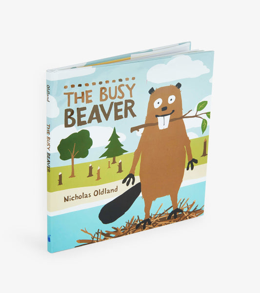 Colorful children's book cover featuring a beaver holding a branch, surrounded by trees and a blue sky.
