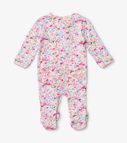 Watercolour Flowers Baby Ruffle Bum Footed Sleeper