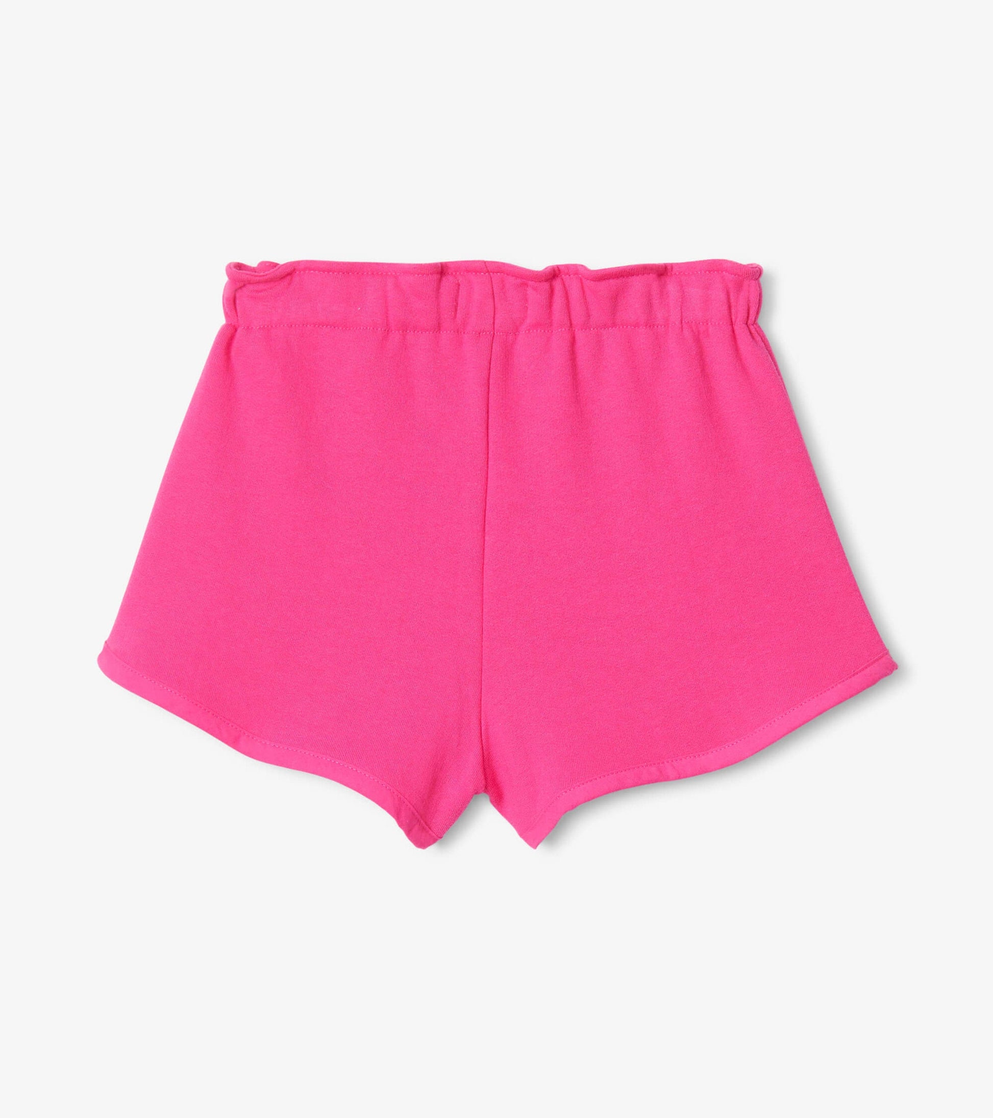 Fuchsia paper bag shorts with an elastic waistband and a relaxed fit, suitable for kids.