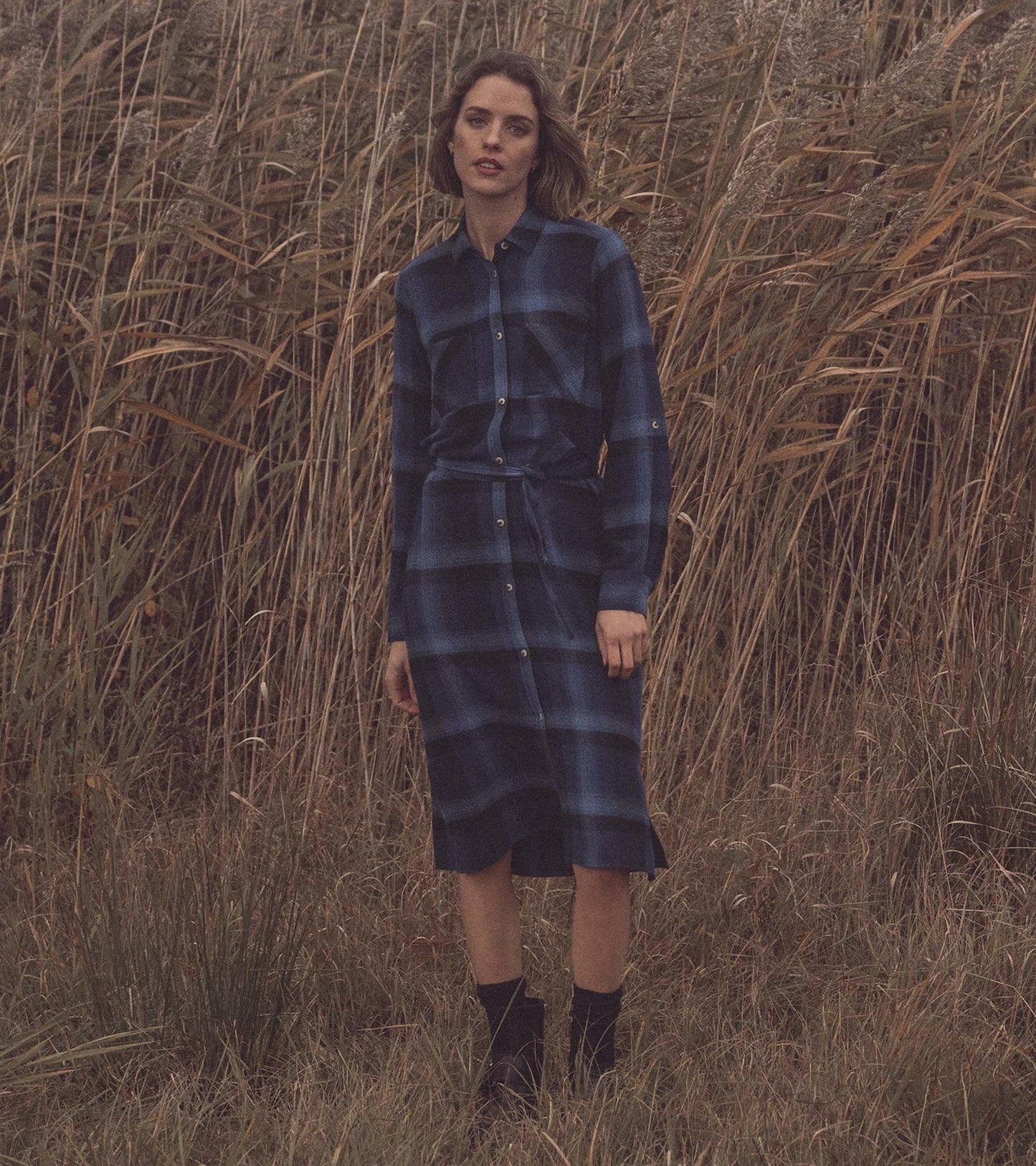 Gwen Midi Shirt Dress - Faded Plaid