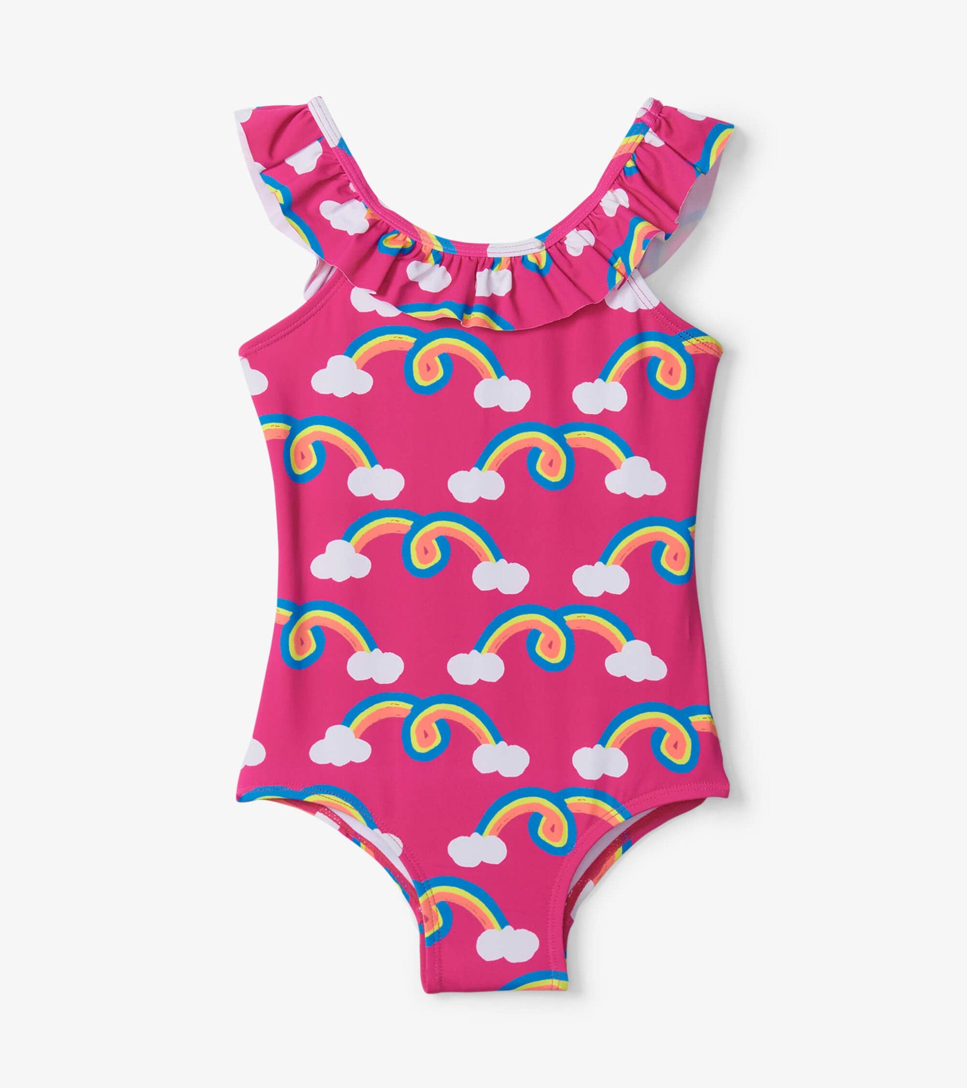 Pink swimsuit with rainbow and cloud pattern, featuring ruffle sleeves and a one-piece design.