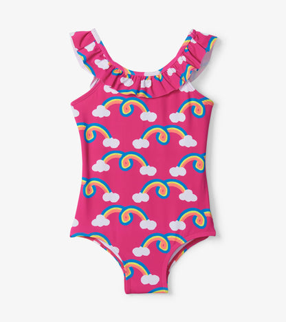 Pink swimsuit with rainbow and cloud pattern, featuring ruffle sleeves and a one-piece design.