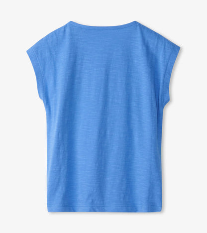Light blue short-sleeve shirt with a relaxed fit, featuring a smooth texture and rounded neckline.
