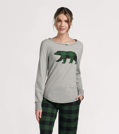 Forest Green Plaid Bear Women's Stretch Jersey Top