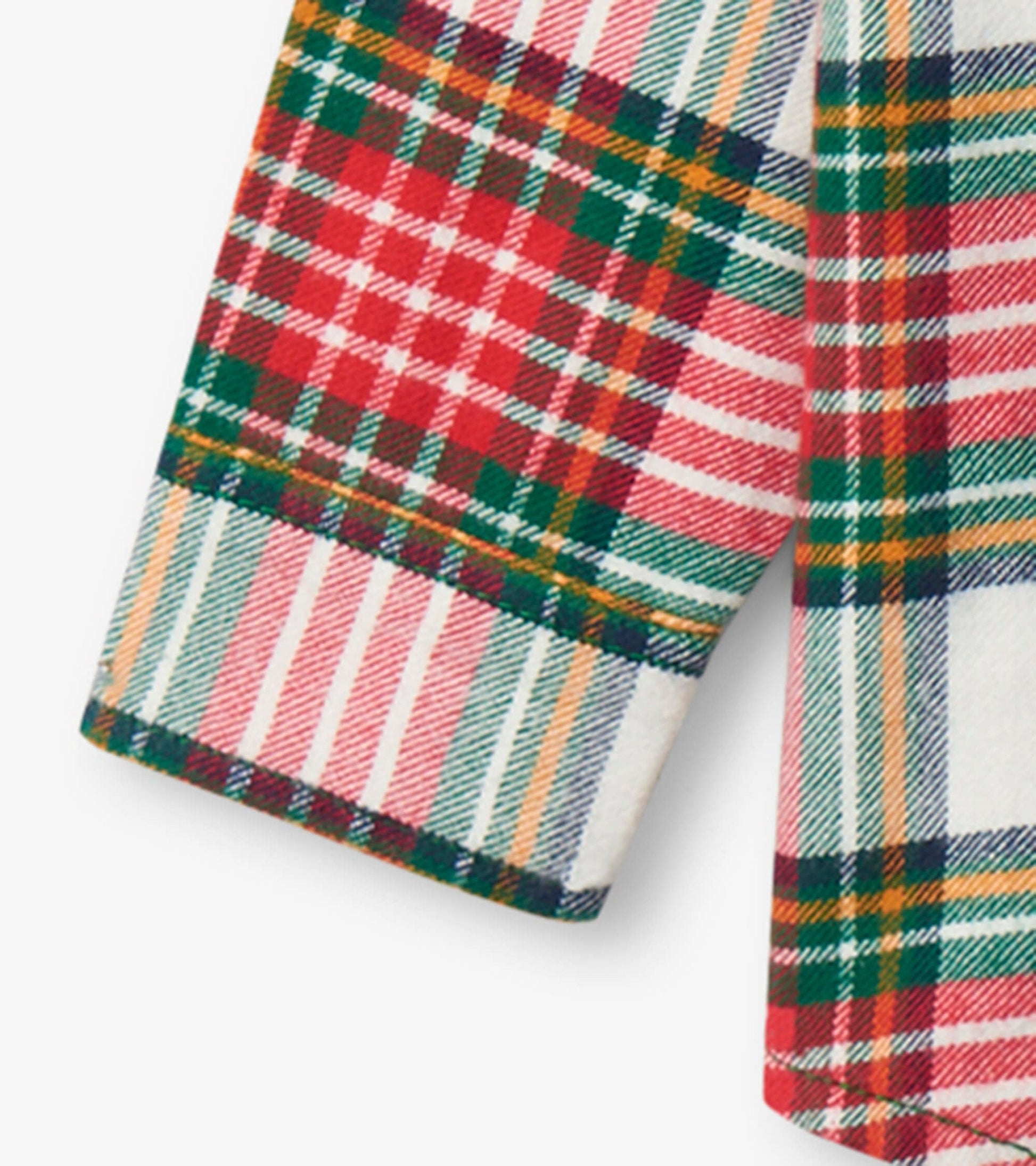 Red, green, and white plaid button-down shirt with a classic collar and long sleeves for boys.