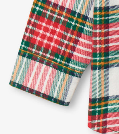 Red, green, and white plaid button-down shirt with a classic collar and long sleeves for boys.
