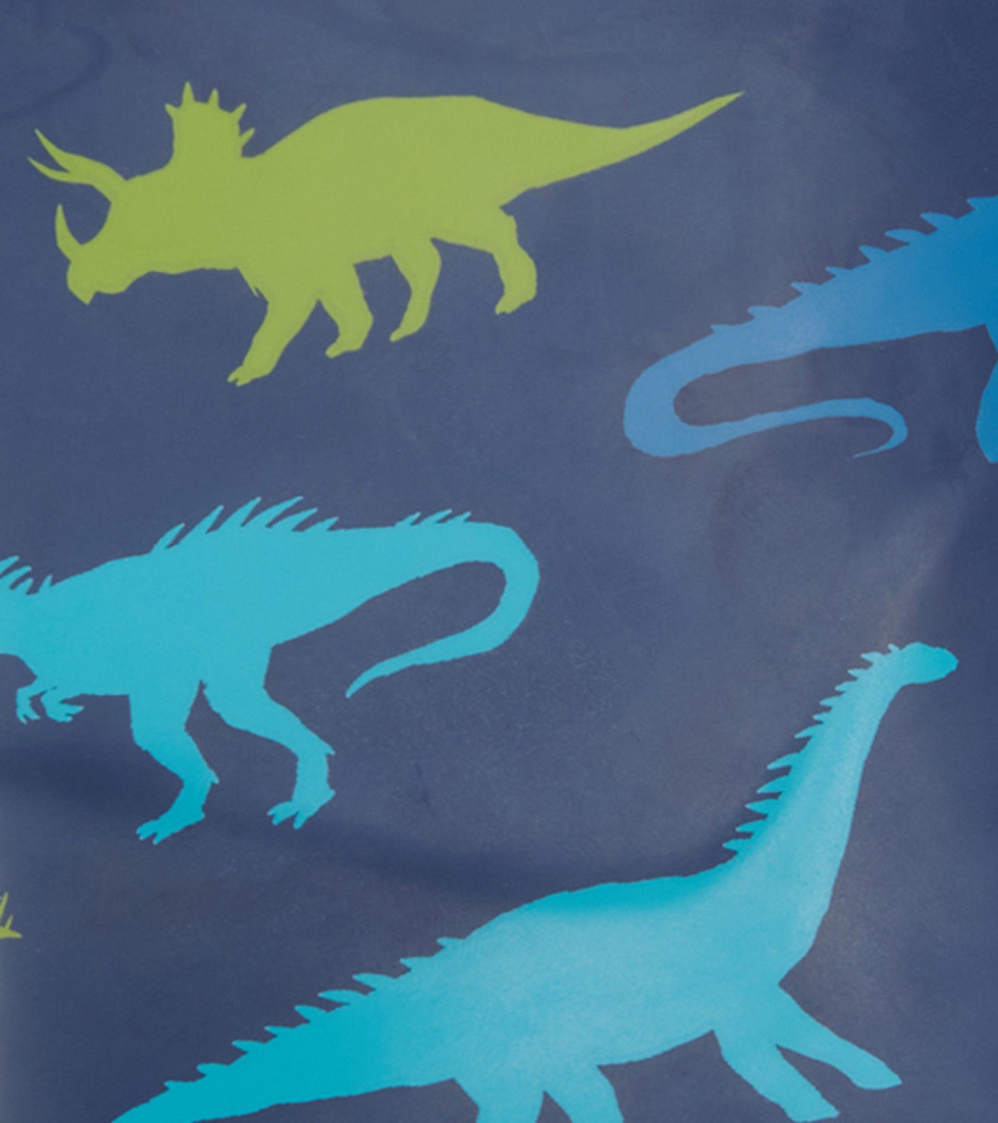 Blue wellies featuring colorful dinosaur silhouettes on a dark background, designed for kids.