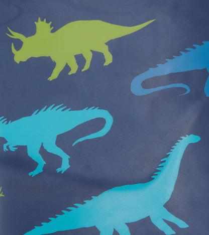 Blue wellies featuring colorful dinosaur silhouettes on a dark background, designed for kids.