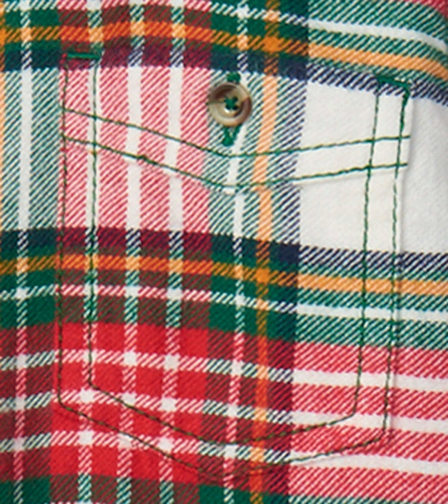 Red, green, and white plaid button-down shirt with a chest pocket and button closure, suitable for festive occasions.