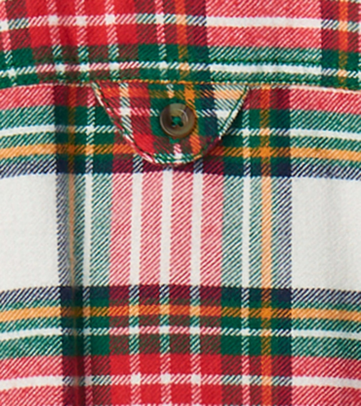 Red, green, and white plaid button-down shirt with a chest pocket and brown button detail. Suitable for festive occasions.