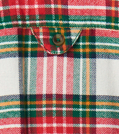 Red, green, and white plaid button-down shirt with a chest pocket and brown button detail. Suitable for festive occasions.