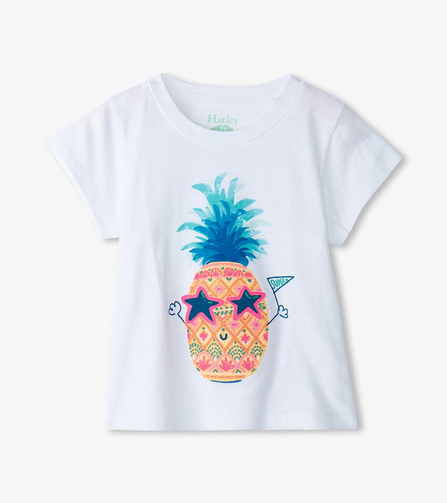 White short-sleeve tee featuring a colorful pineapple graphic with sunglasses and a party hat. Ideal for baby and toddler gi…