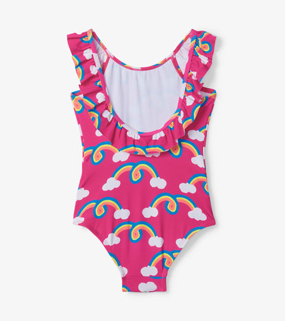 Pink swimsuit with rainbow and cloud pattern, featuring ruffle sleeves and a scoop back design.
