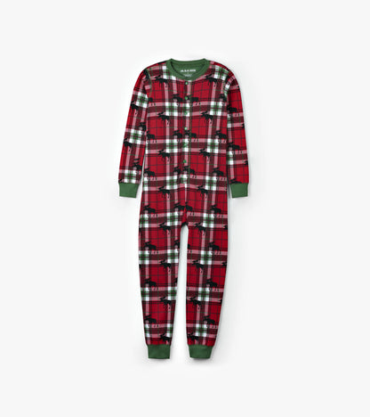 Holiday Moose On Plaid Kids Union Suit