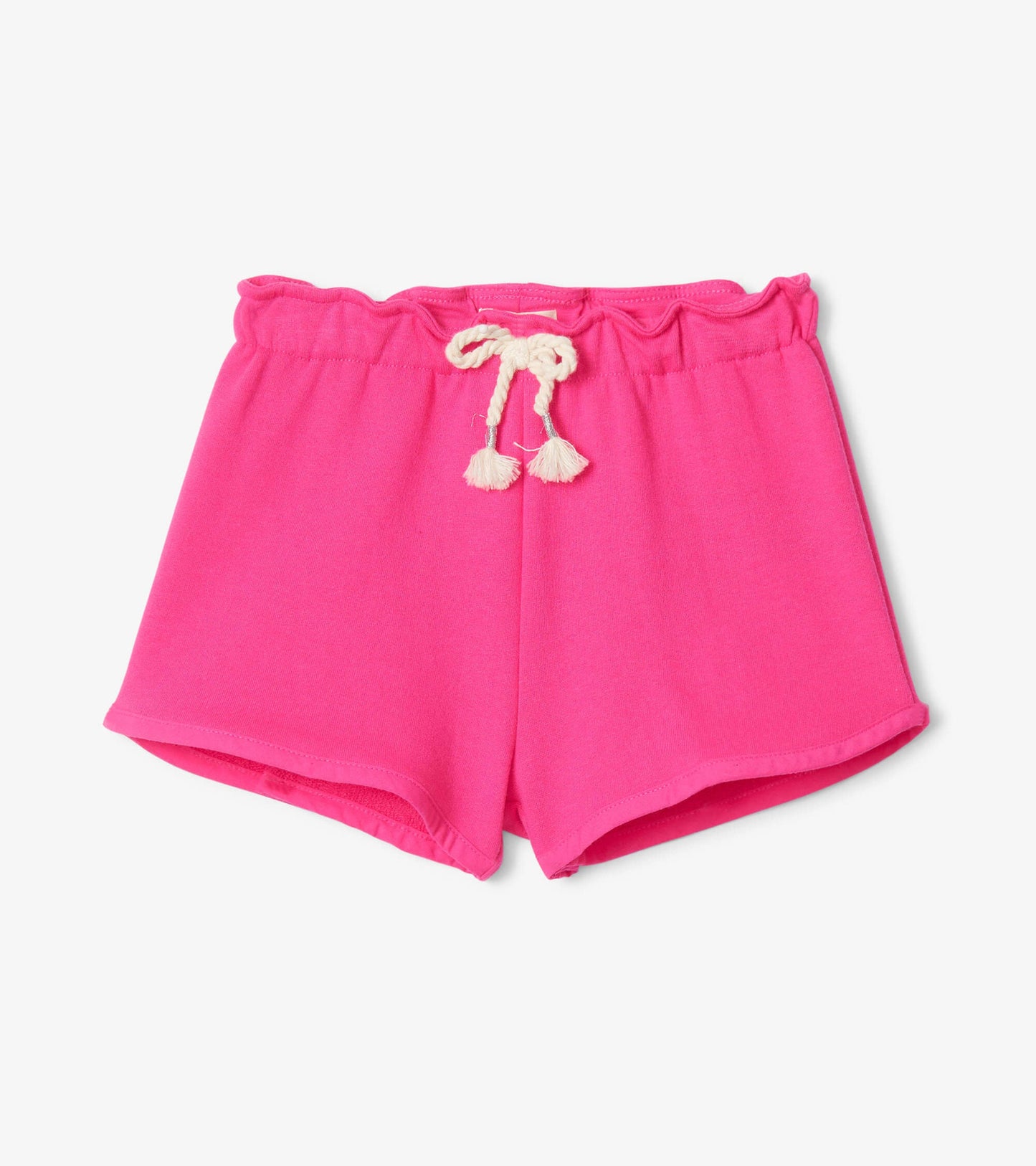 Fuchsia paper bag shorts with a ruffled waistband and drawstring ties, made from soft fabric.