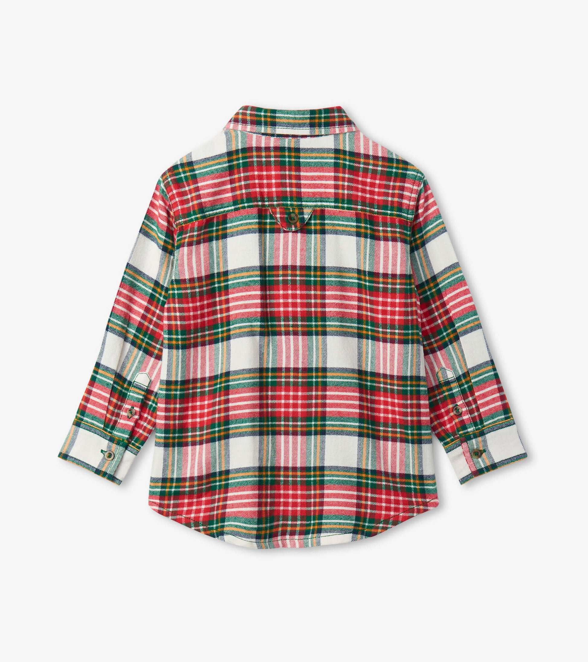 Red, green, and white plaid button-down shirt for boys with long sleeves and a rounded hem. Back view shown.