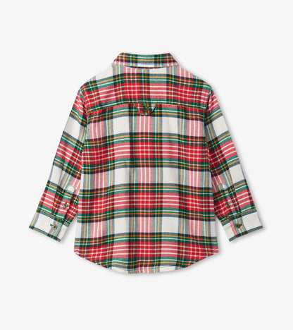 Red, green, and white plaid button-down shirt for boys with long sleeves and a rounded hem. Back view shown.