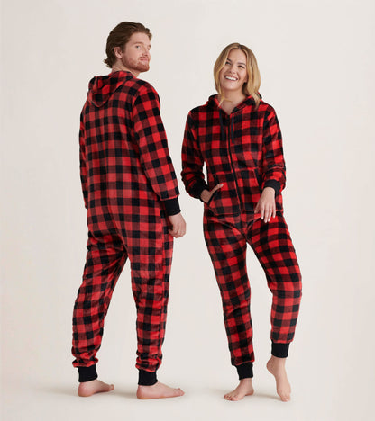 Adult Buffalo Plaid Hooded Fleece Jumpsuit