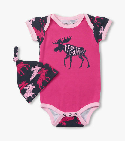 Raspberry Moose Baby Bodysuit & Hat