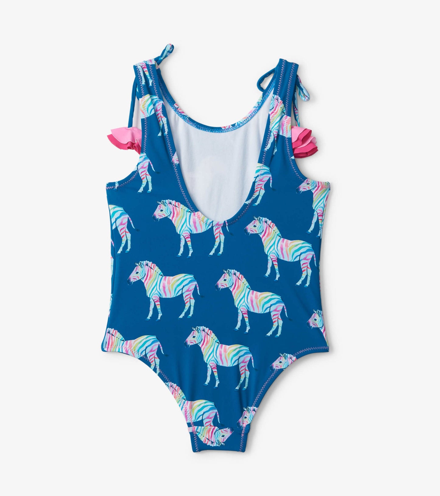 Blue swimsuit featuring colorful rainbow zebra patterns and shoulder bows. Suitable for kids, with a scoop back design.