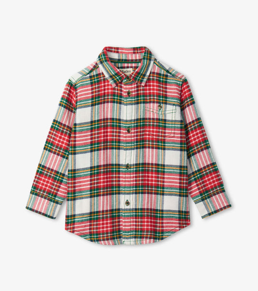 Red, green, and white plaid button-down shirt with long sleeves and a chest pocket. Suitable for festive occasions.