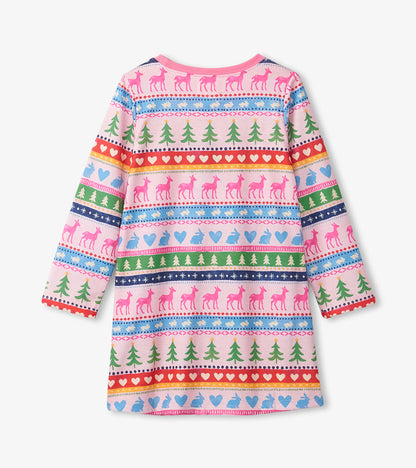 Pink Painted Fairisle Long Sleeve Girls Nightgown