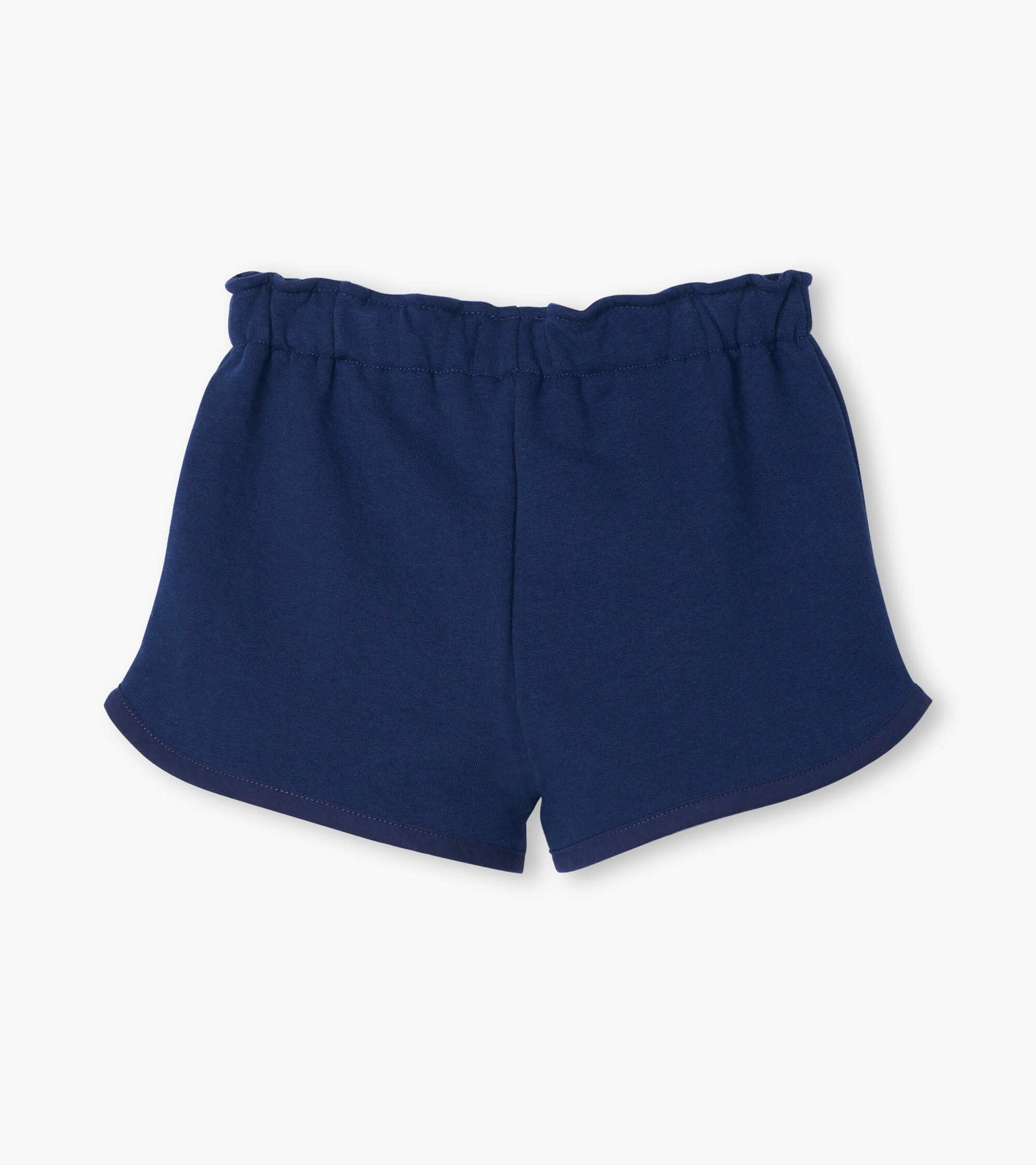 Navy paper bag shorts with an elastic waistband and a relaxed fit, suitable for casual wear.