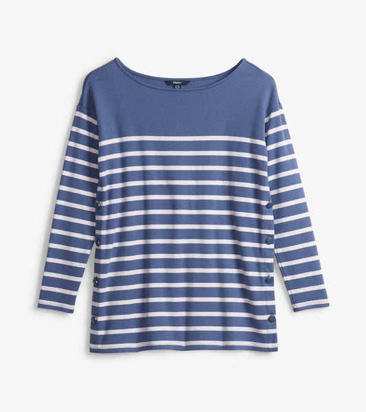 Indigo striped long-sleeve top with a wide neckline and button details on the side.