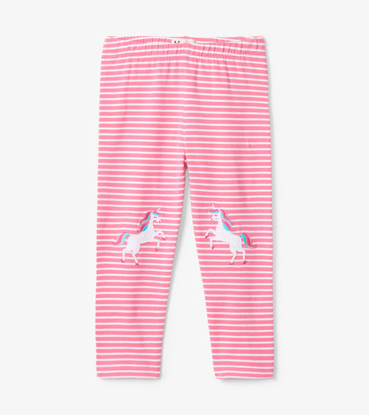 Pink striped toddler leggings featuring embroidered unicorns on the front. Soft, stretchy material for comfort.