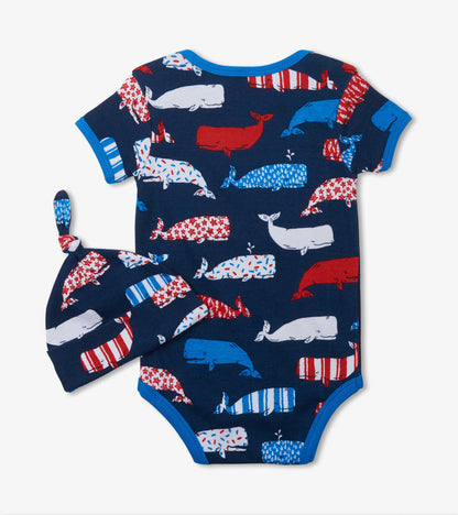 Nautical Whales Blue Bodysuit with Hat