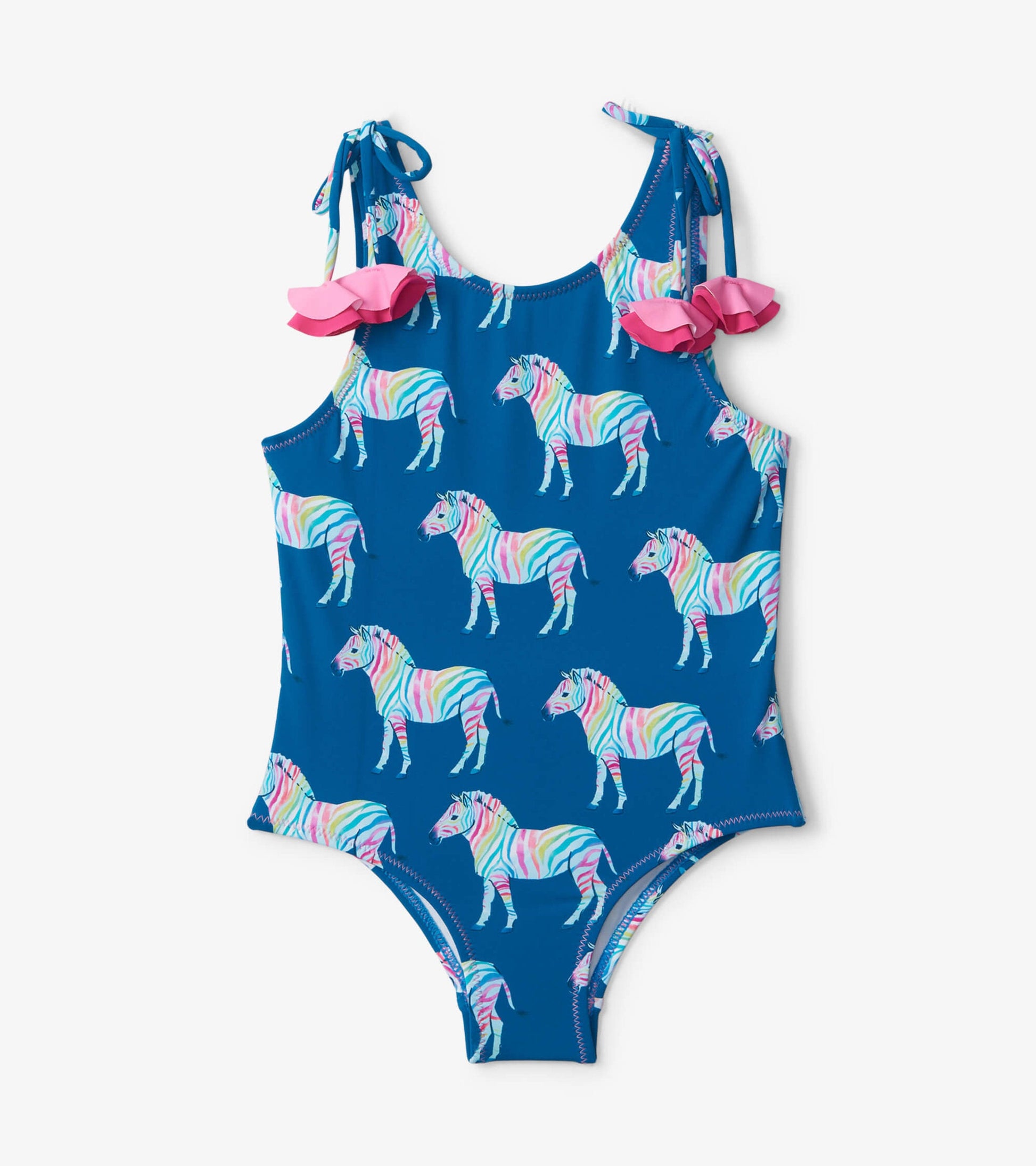 Blue swimsuit featuring colorful rainbow zebras and pink shoulder bows. Ideal for kids' swimwear.
