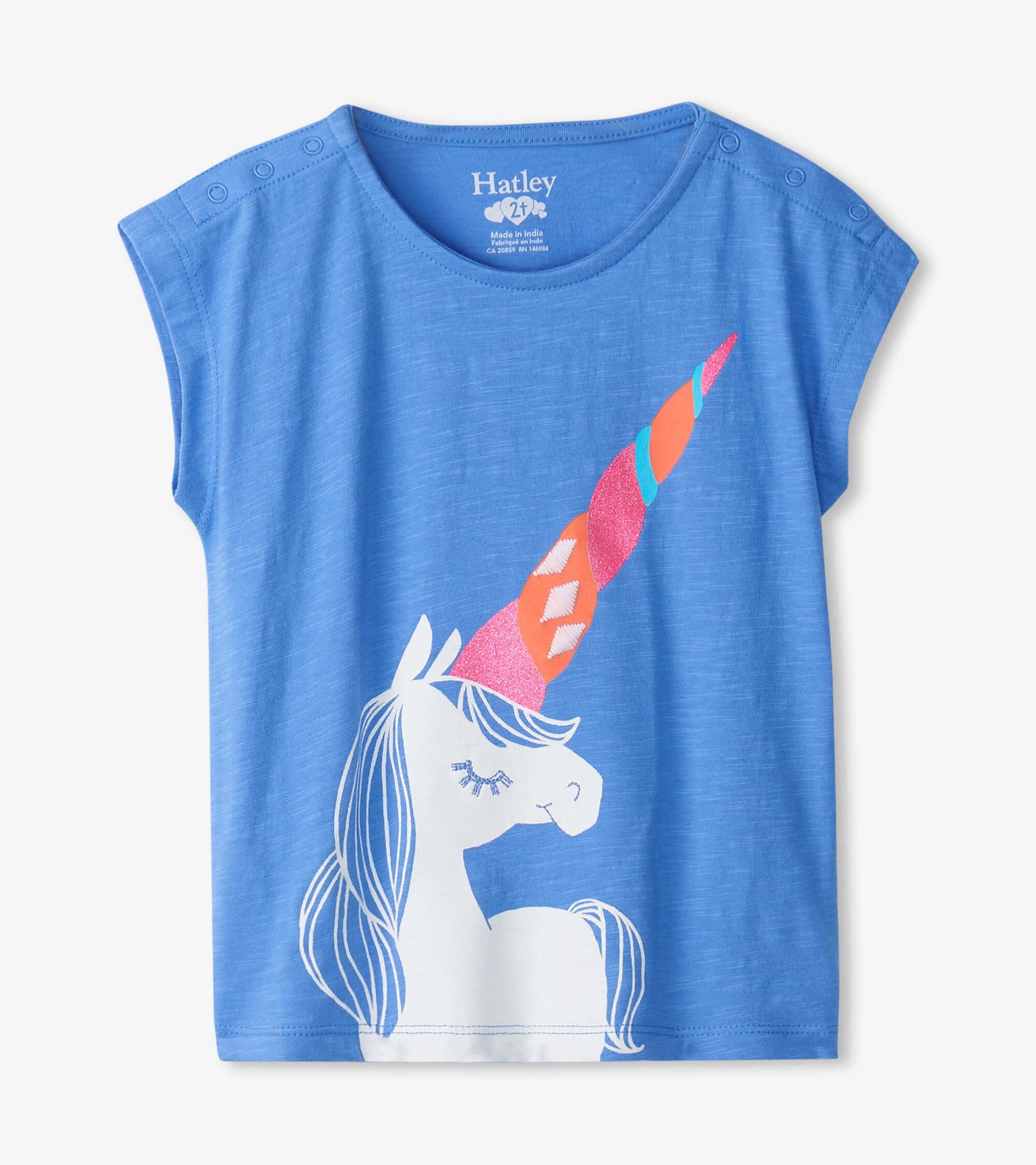 Light blue short-sleeve shirt featuring a unicorn graphic with a colorful horn and sparkly details.