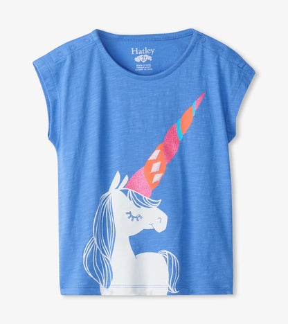 Light blue short-sleeve shirt featuring a unicorn graphic with a colorful horn and sparkly details.