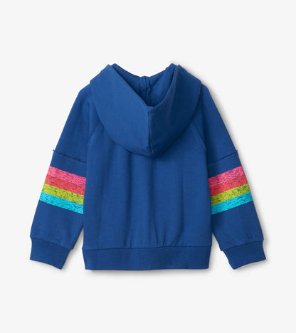 Blue hoodie with a raw-edged design and colorful striped accents on the sleeves.