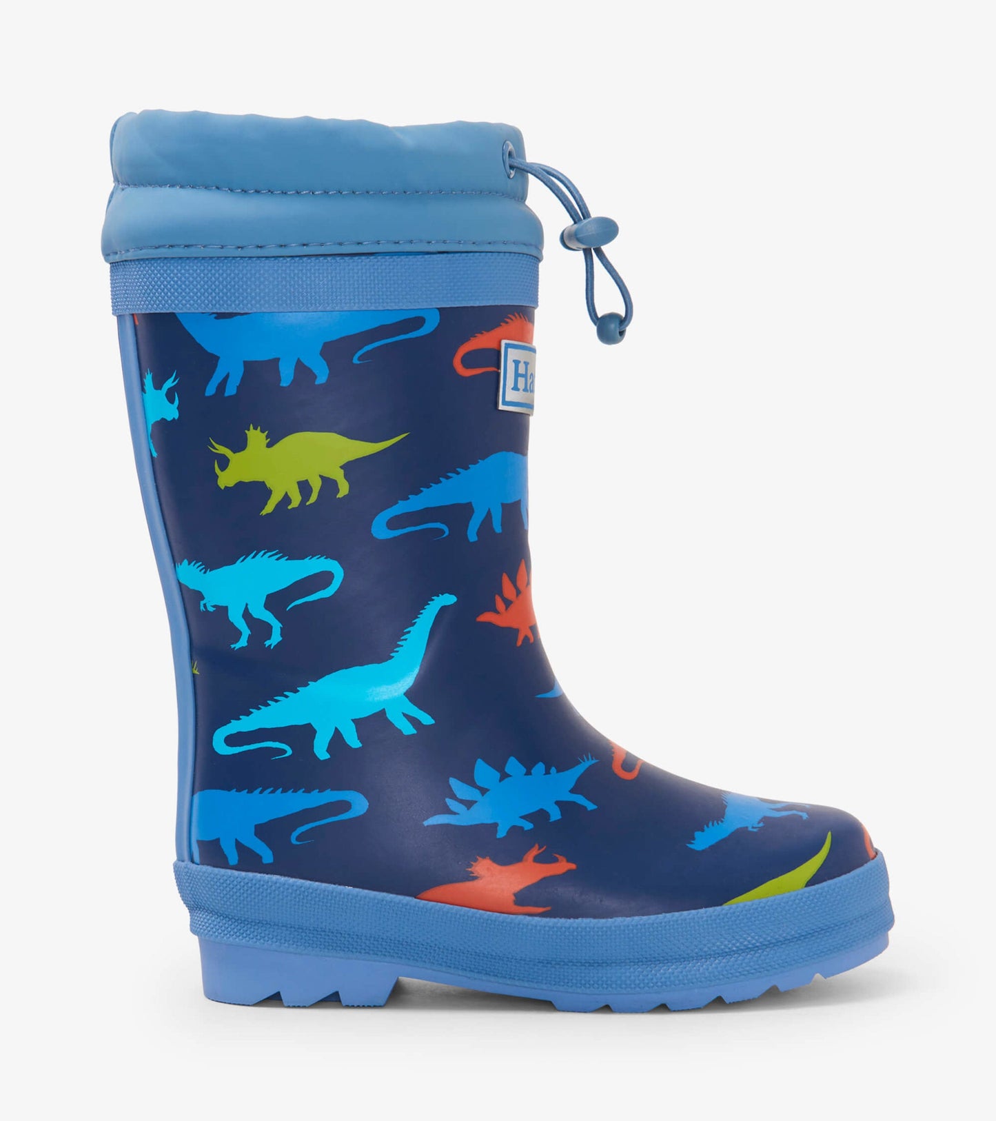 Navy kids' wellies featuring colorful dinosaur silhouettes, with a blue sherpa lining and adjustable top.