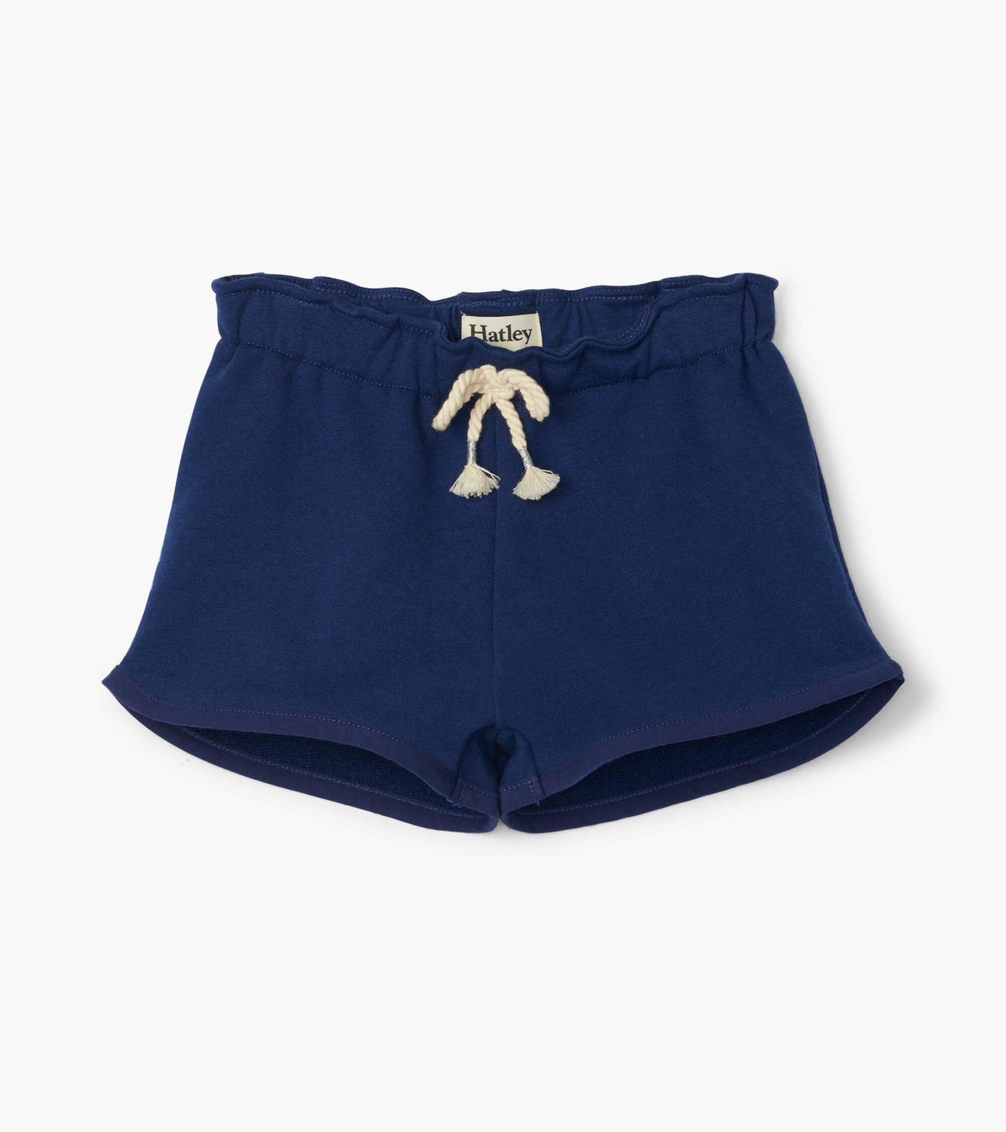 Navy paper bag shorts with a ruffled waistband and drawstring, suitable for casual wear.